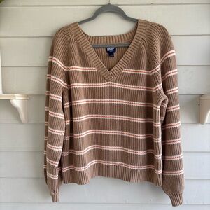 Lands' End Drifter V-Neck Striped Tan Cotton Sweater Women’s Size Large